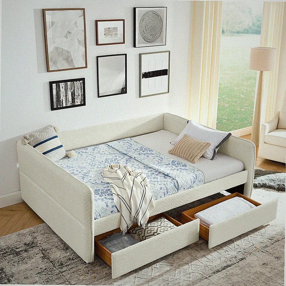 Queen Size Boucle Upholstered Daybed Day Bed Frame Sofa Bed With 2 Drawers Beige