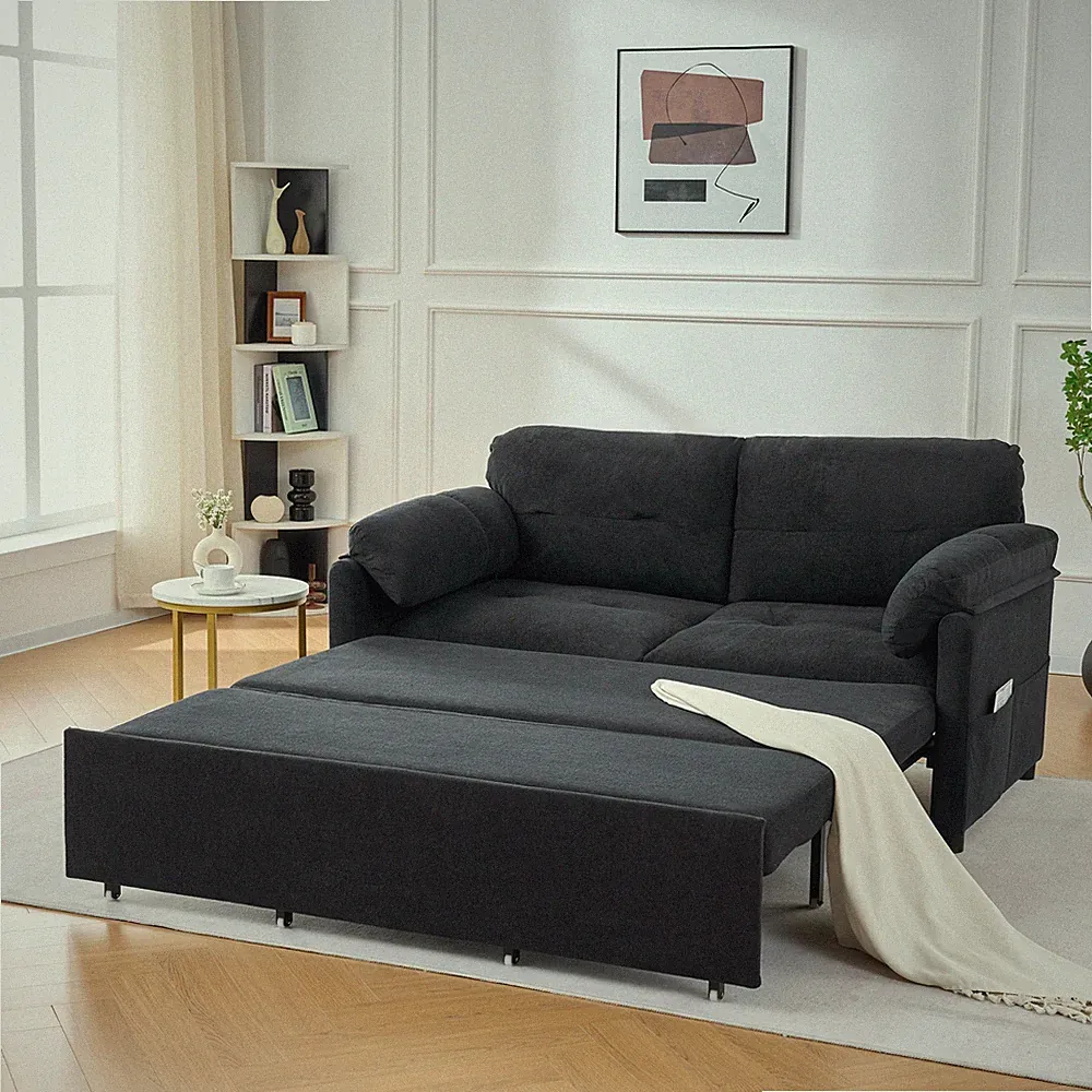 Queen Size Convertible Pull Out Sofa Bed with Storage, Black Chenille