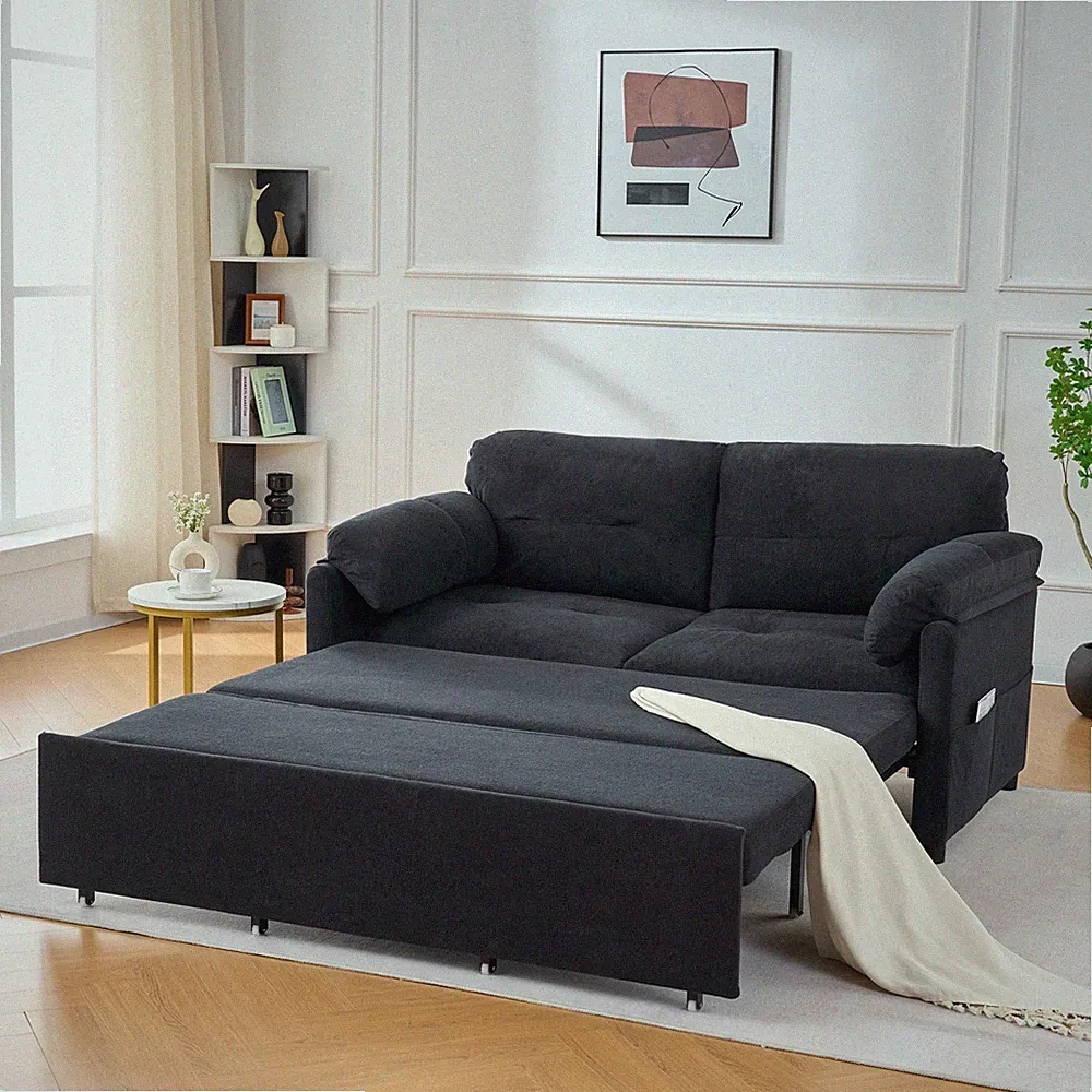 Queen Size Convertible Pull Out Sofa Bed with Storage, Black