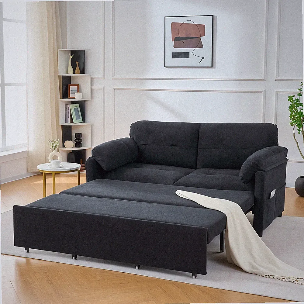 Queen Size Convertible Sofa Bed with Storage, 3-in-1 Sleeper Couch, Black
