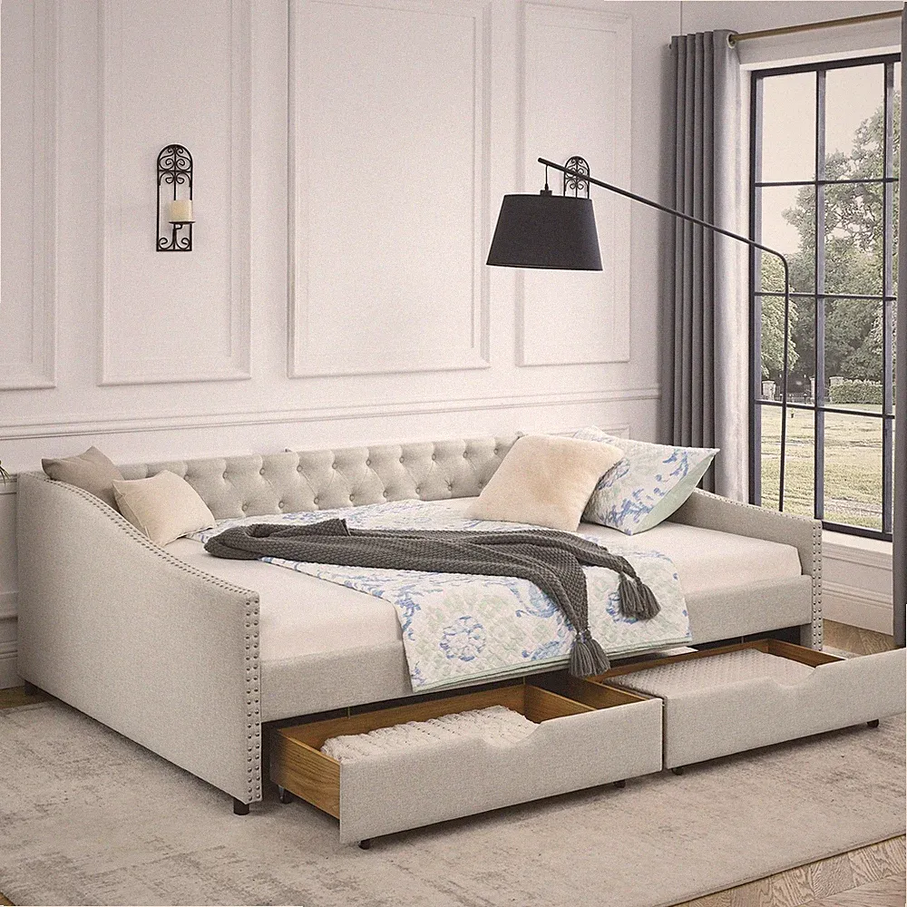Queen Size Daybed 2 Drawers Upholstered Button Tufted Sofa Bed Copper Nail Beige