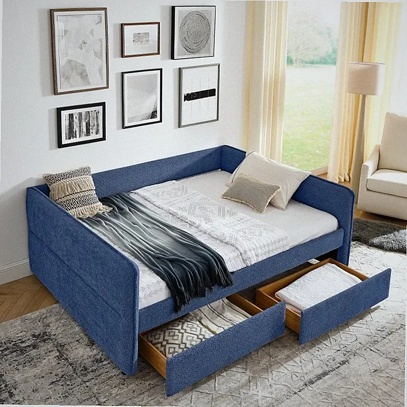 Queen Size Daybed Boucle Upholstered Tufted Sofa Bed with 2 Storage Drawer,Blue