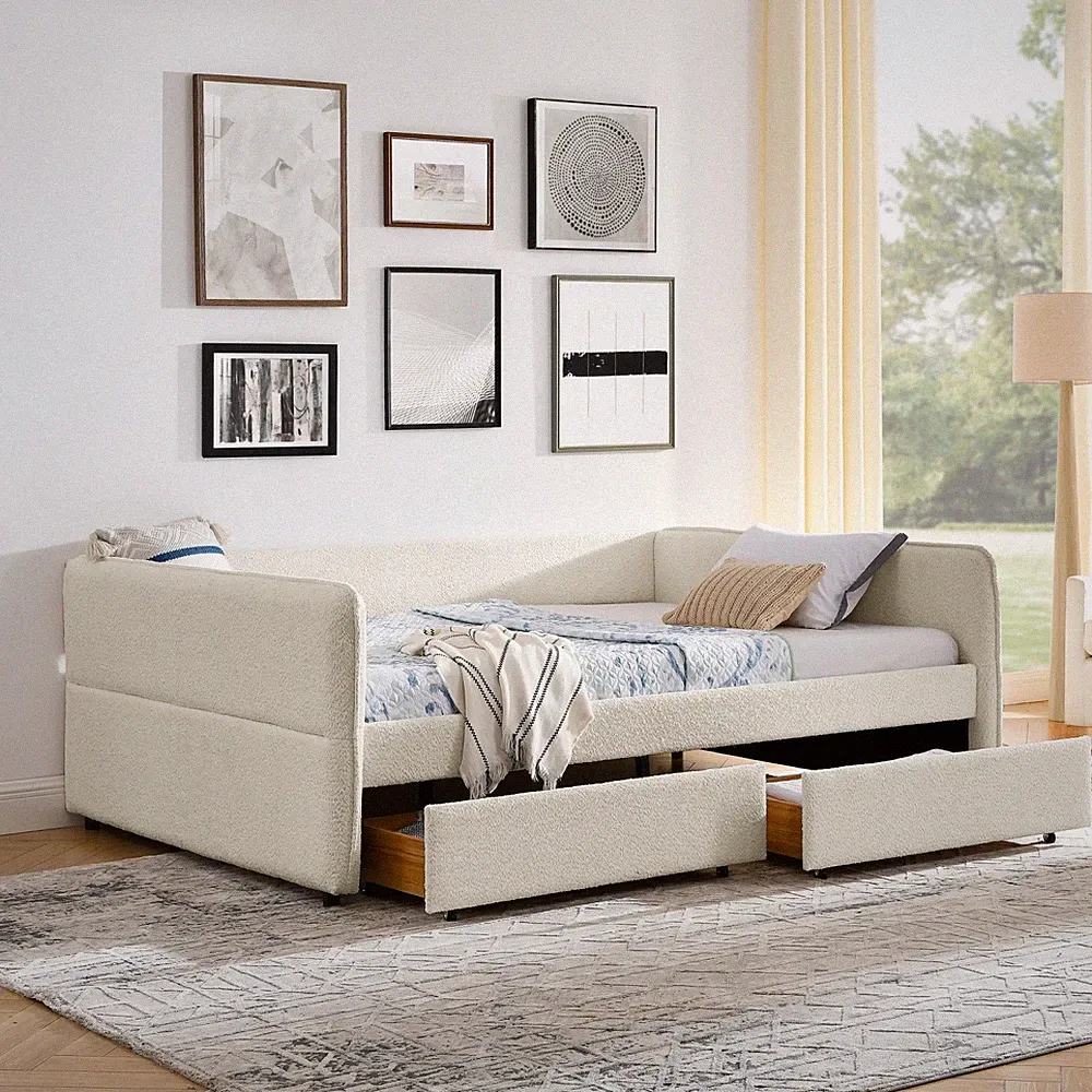 Queen Size Daybed Modern Boucle Fabric Upholstered Sofa Bed with 2 Drawers Beige