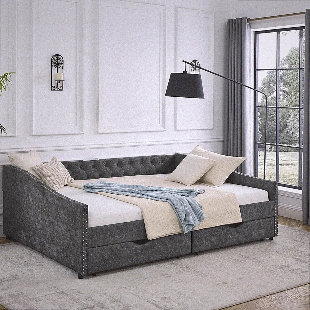Queen Size Daybed with Drawers Upholstered Tufted Sofa Bed,,with Button on Bac