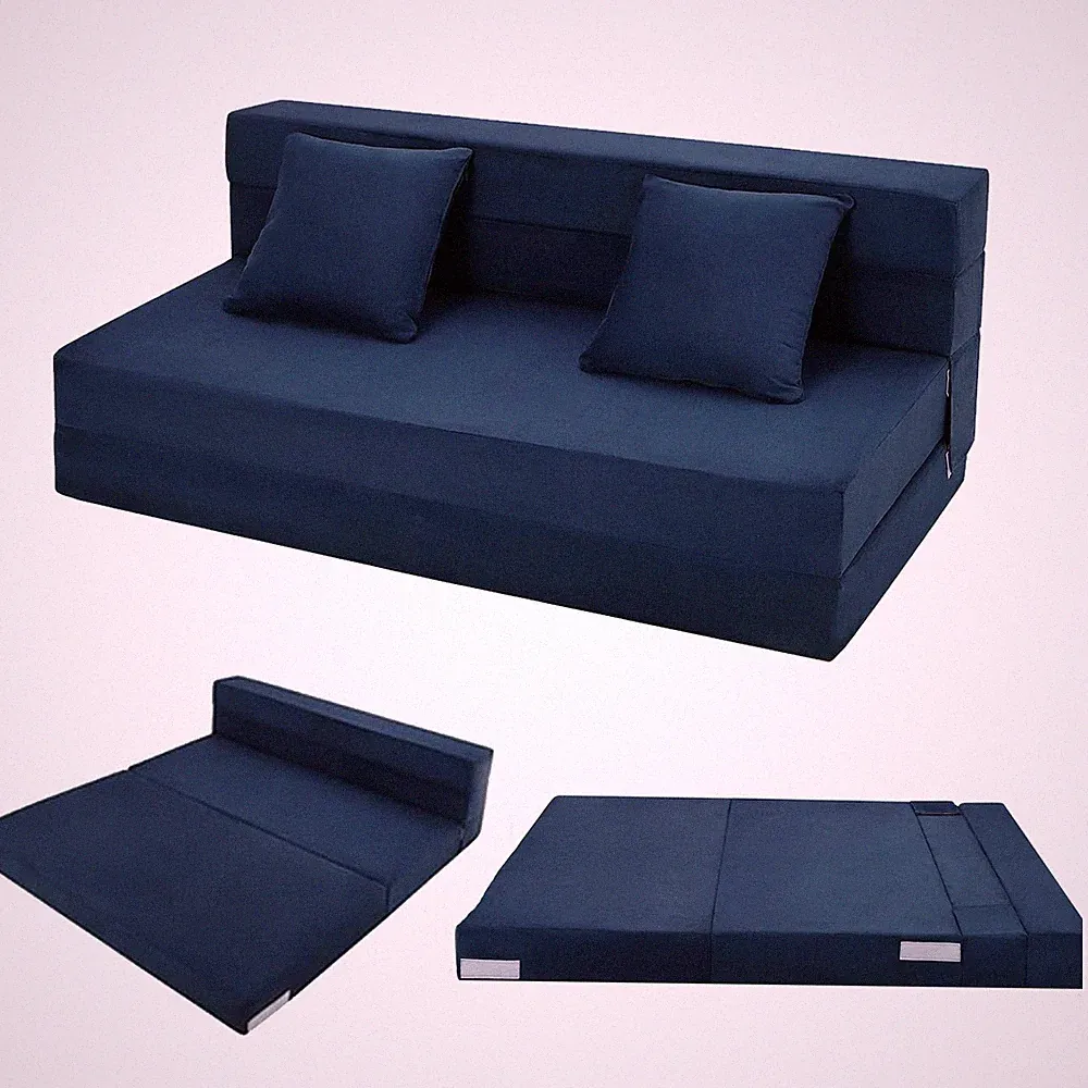 Queen Size Folding Sofa Bed Convertible Floor Futon Bed Mattresses w/ 2 Pillows