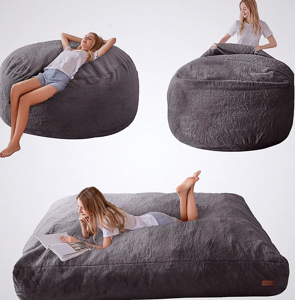 Queen Size Gray Bean Bag Chair Bed for Adults Convertible Sofa Couch Mattress Fo