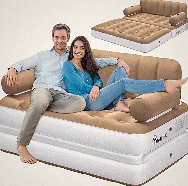 Queen Size Inflatable Sofa Bed with Headboard and Pump, Convertible Blow up Couc