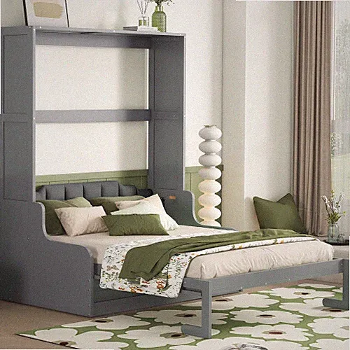 Queen Size Murphy Bed w/ Cushion Modern Wood Wall Bed Sofa Chair for Living Room