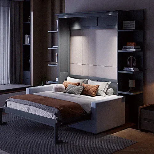 Queen Size Murphy Bed Wall Bed with Sofa Shelves and LED Lights Wood Hidden Beds
