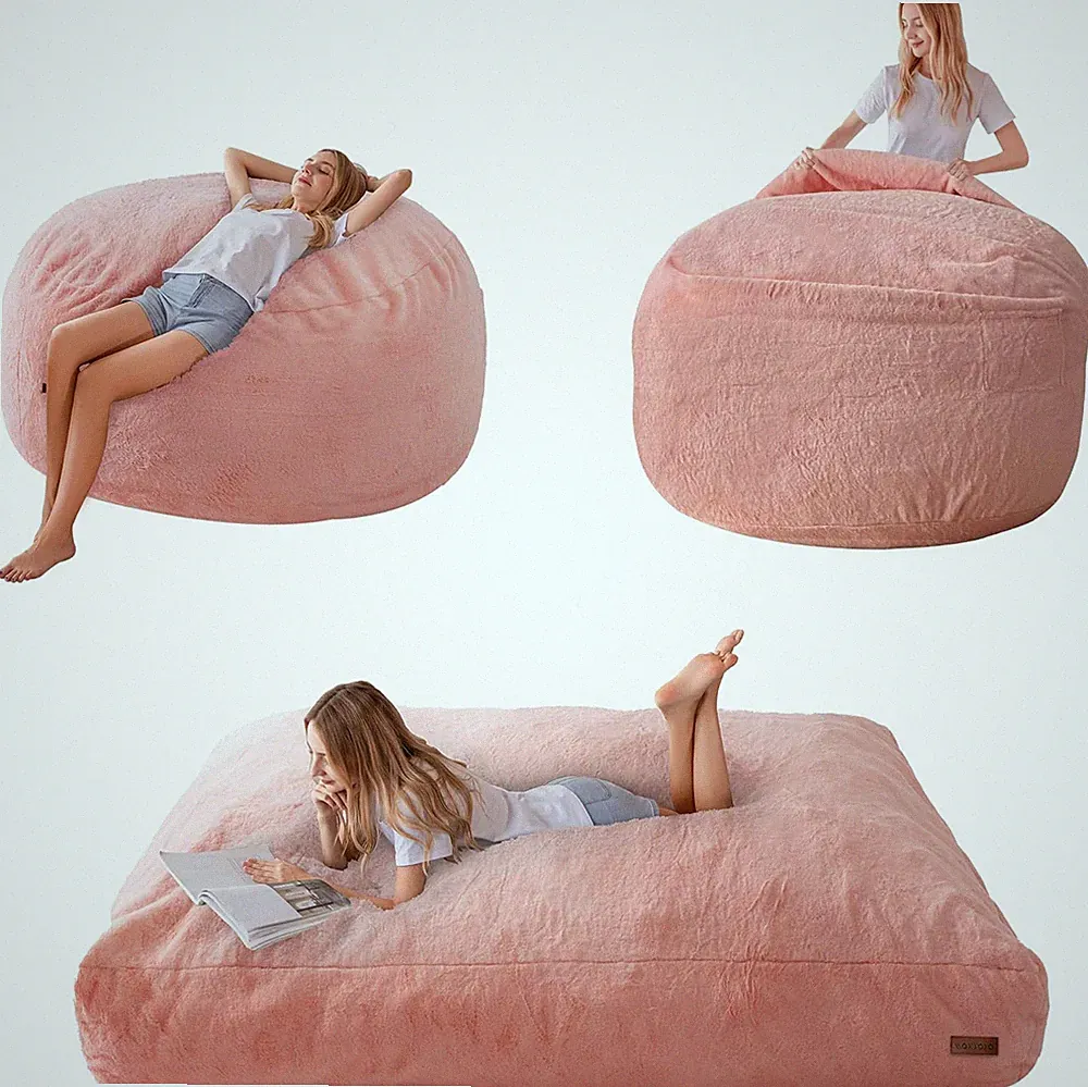 Queen Size Pink Bean Bag Chair Bed for Adults Convertible Sofa Couch Mattress Fo