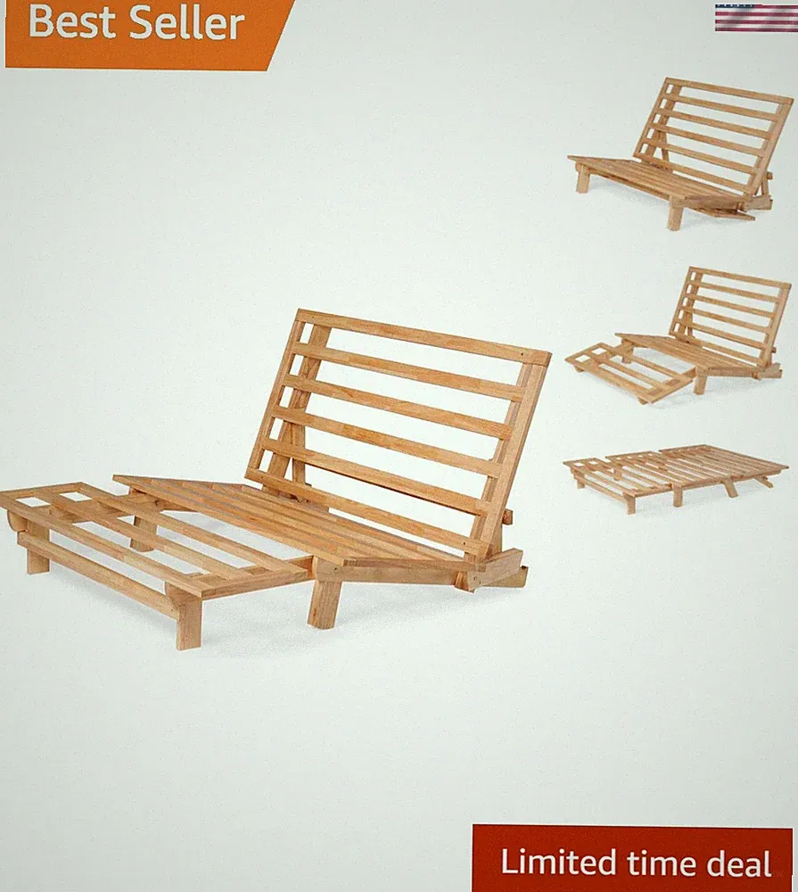 Queen Size Tri-Fold Wood Futon Sofa Bed Lounger Frame - Space Saver, Natural...