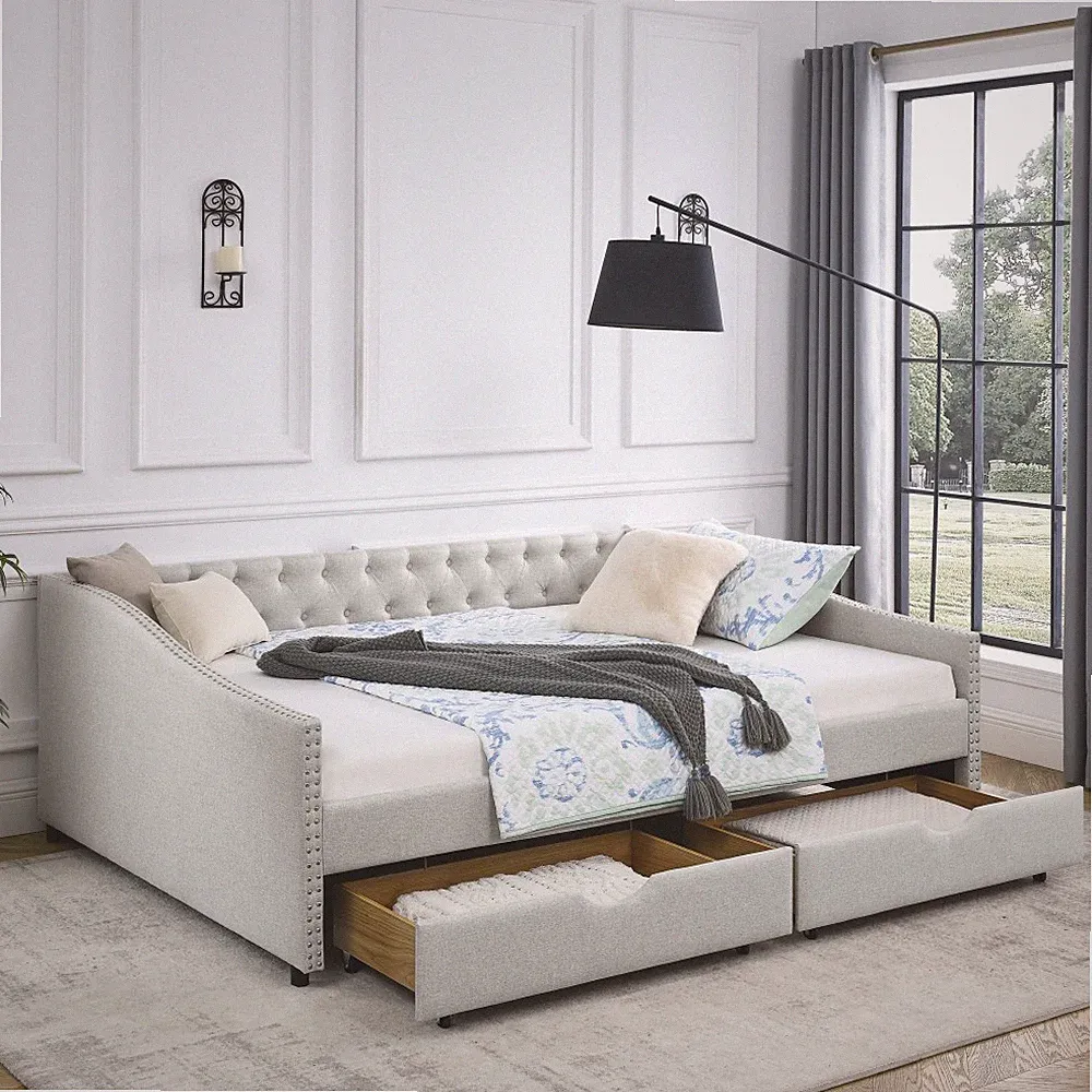 Queen Size Tufted Sofa Bed Daybed w/ Drawers, Beige Upholstered Trundle Bed