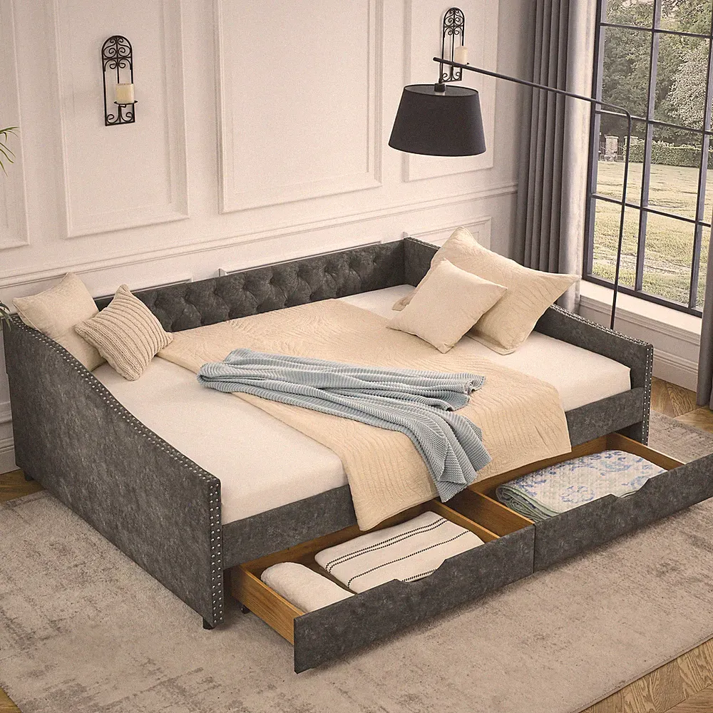Queen Size Upholstered Button Tufted Daybed Frame Sofa Bed with 2 Drawers Gray