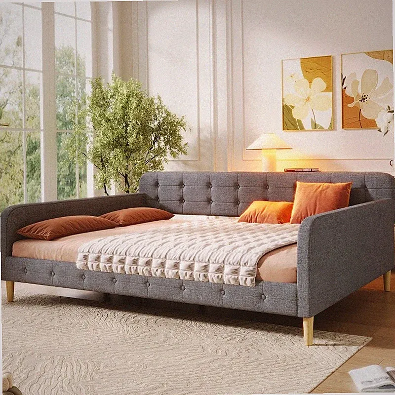 Queen Size Upholstered Button Tufted Daybed w/4 Support Leg Linen Sofa Bed Frame