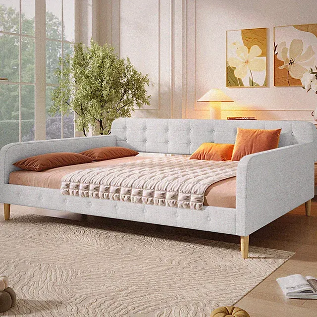 Queen Size Upholstered Daybed with 4 Support Legs, Beige
