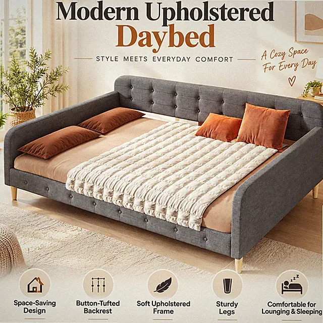 Queen Size Upholstered Daybed with 4 Support Legs, Gray
