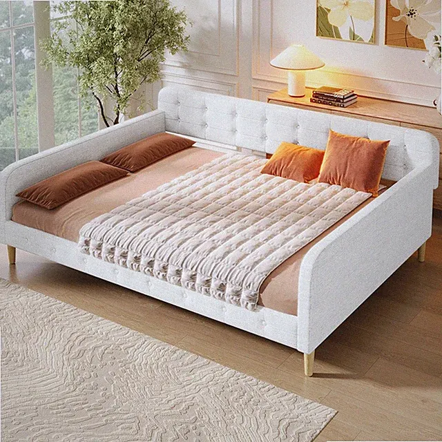 Queen Size Upholstered Daybed with 4 Support Legs Linen Sofa Bed, Beige