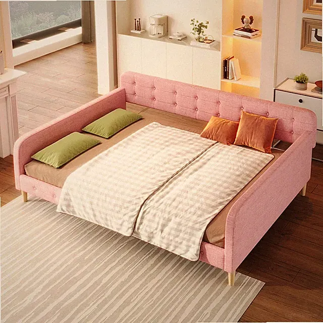 Queen Size Upholstered Daybed with 4 Support Legs Linen Sofa Bed, Pink