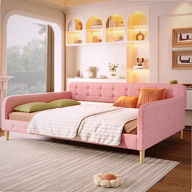 Queen Size Upholstered Daybed with 4 Support Legs, Rubine