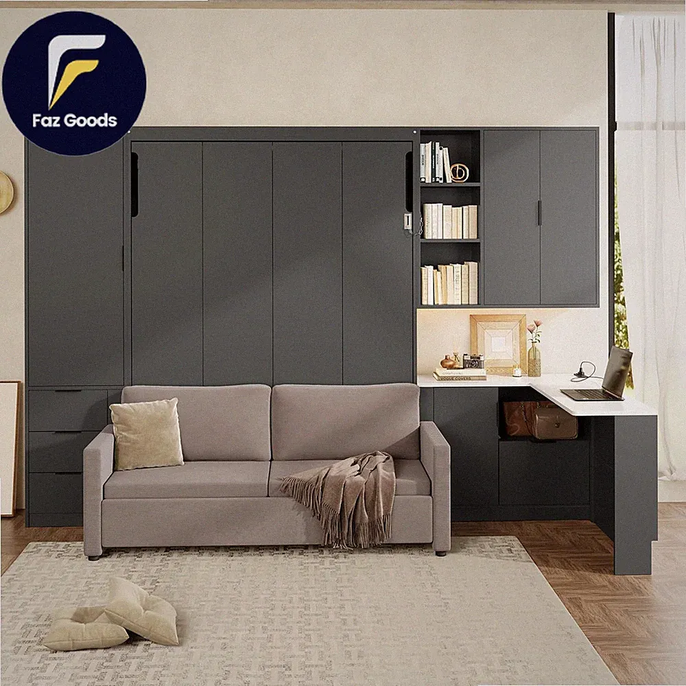 Queen Size Wood Murphy Bed with Upholstered Sofa & Desk Multifunctional Foldable
