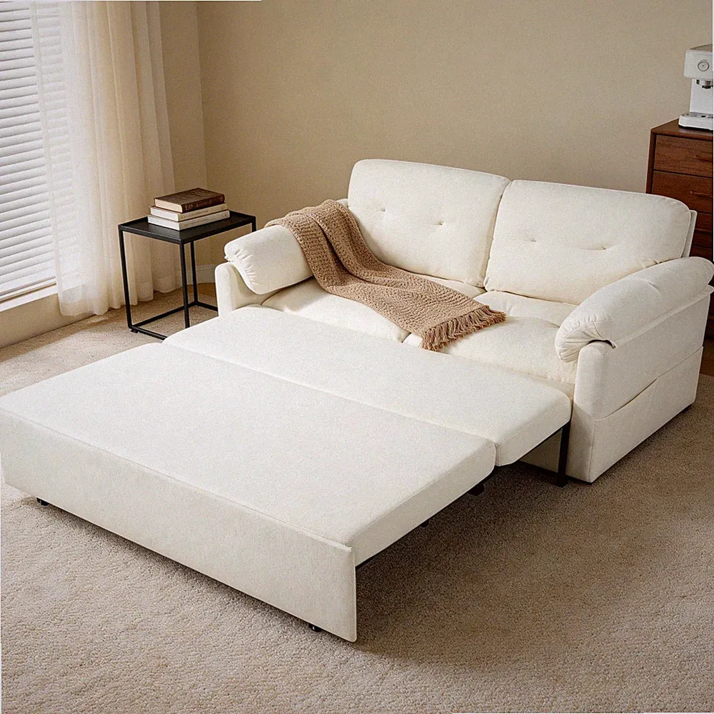 Queen Sleeper Sofa Bed w/ Storage & Casters, Chenille Fabric, Beige
