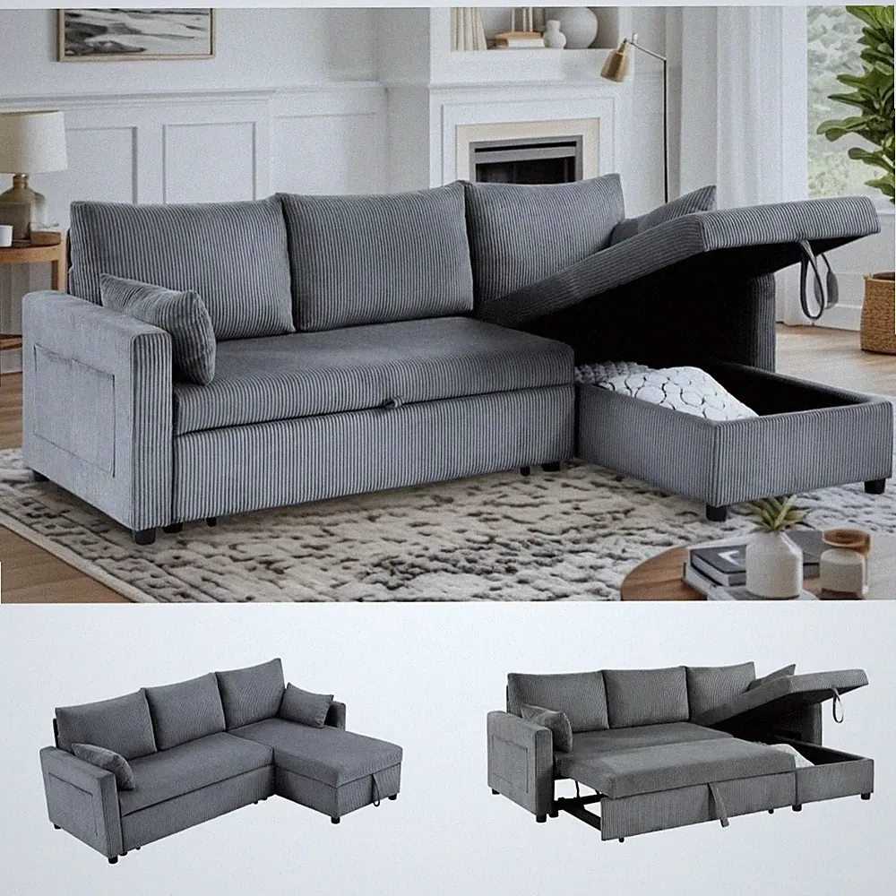 Queen Sleeper Sofa, Convertible Sofa Bed with Storage, 85 Inch Sectional Couc...