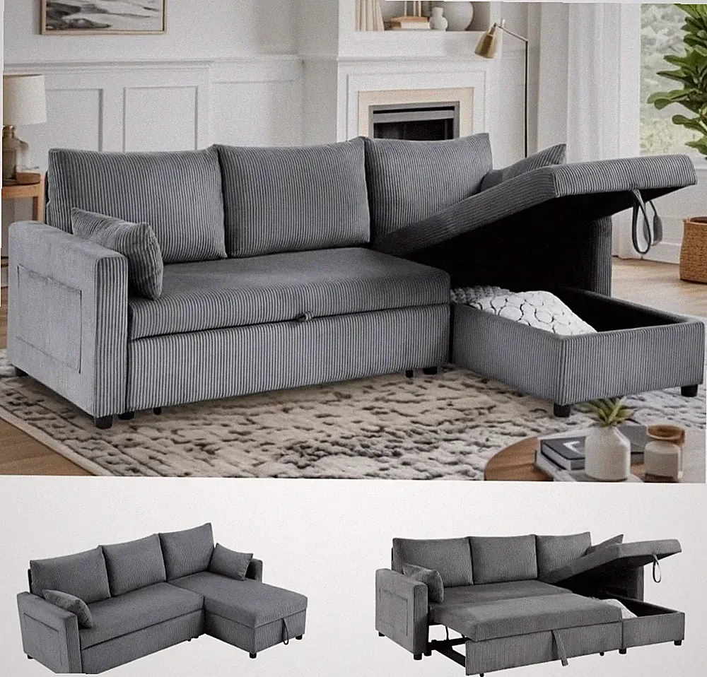 Queen Sleeper Sofa, Convertible Sofa Bed with Storage, 85 Inch Sectional Couch w