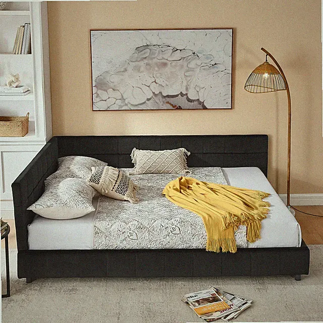 Queen Tufted Upholstered Bed Frame - Velvet Sofa Bed w/Backrest & Armrests