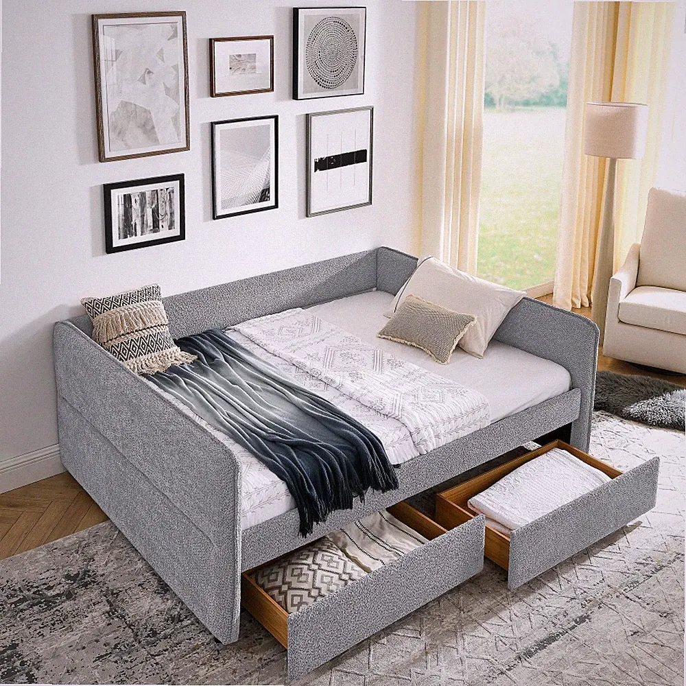 Queen Upholstered Daybed w/ Trundle Sofa Bed & 2 Drawers, Grey Boucle Fabric