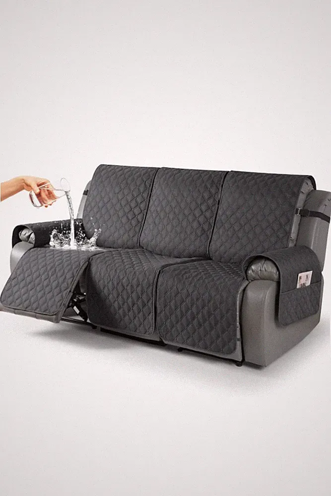 Quilted Dark Gray Recliner Sofa Slipcover, Water Resistant, Storage Pockets