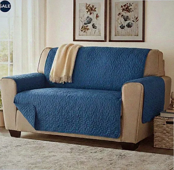 Quilted Loveseat Cover Vermicelli Pattern Blue Protector Throw Sofa Slip Cover