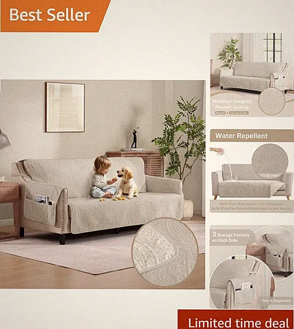 Quilted Luxury Water-Repellent Cover for Oversized 78” Sofa - Elegant & Durable
