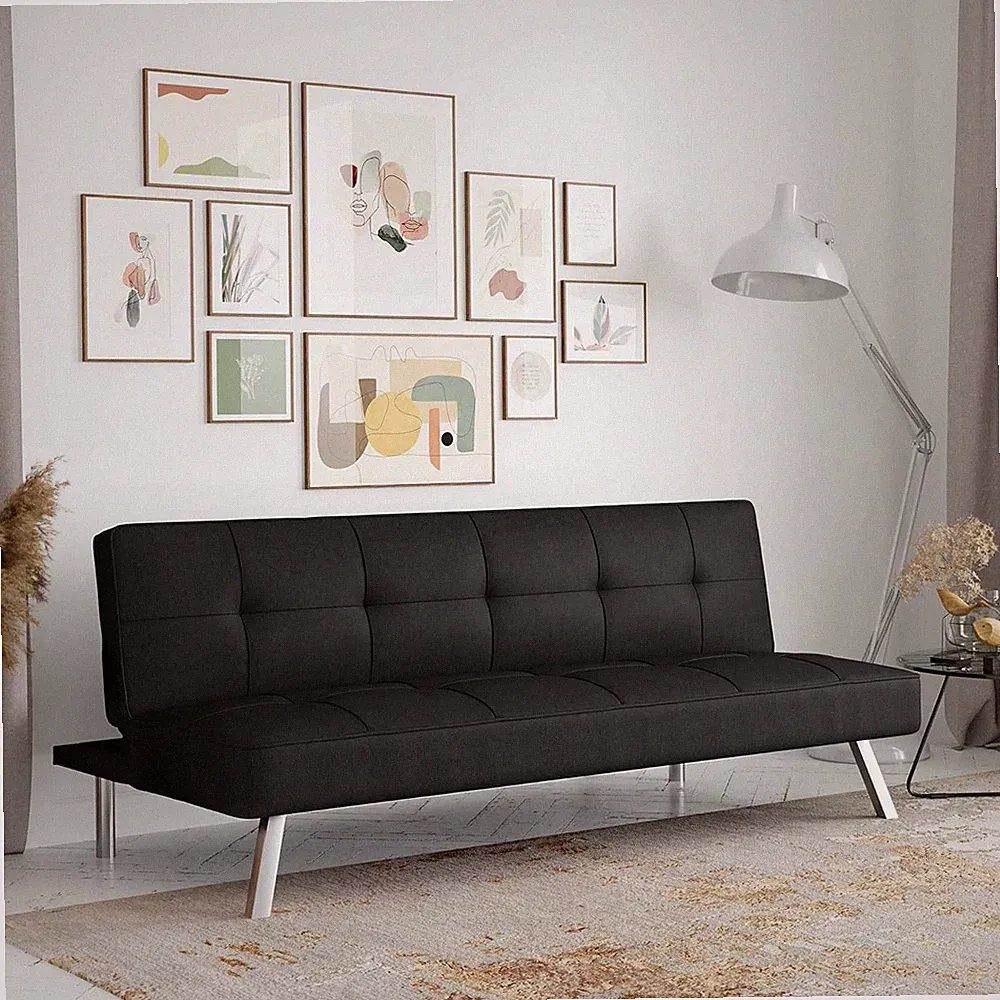 Rane 3-in-1 Futon Sofa Bed, Convertible Couch for Small Spaces, Black Fabric