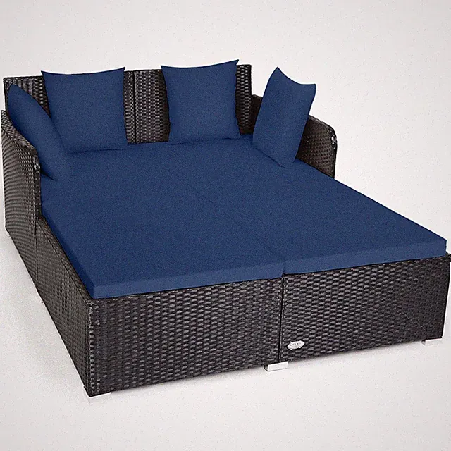 Rattan Daybed Wicker Patio Sofa Navy Cushions Pillows AM6147HM Tangkula Outdoor