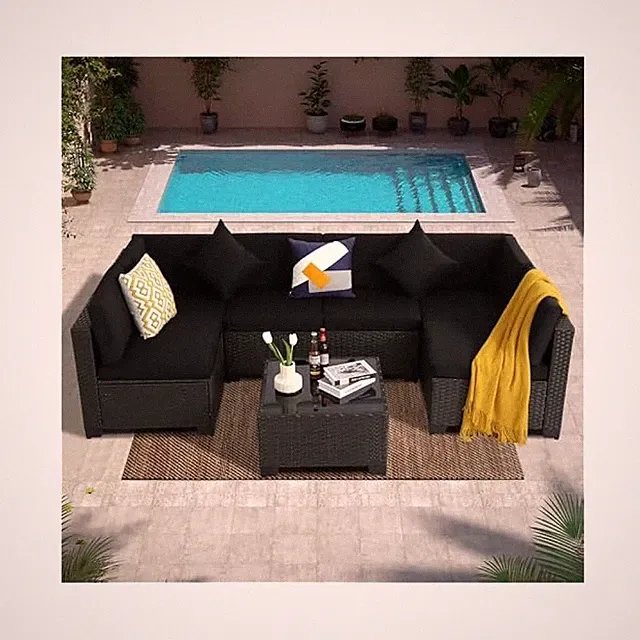 Rattan Outdoor Sectional, 7 Piece Sofa Set, Cushions & Glass Table