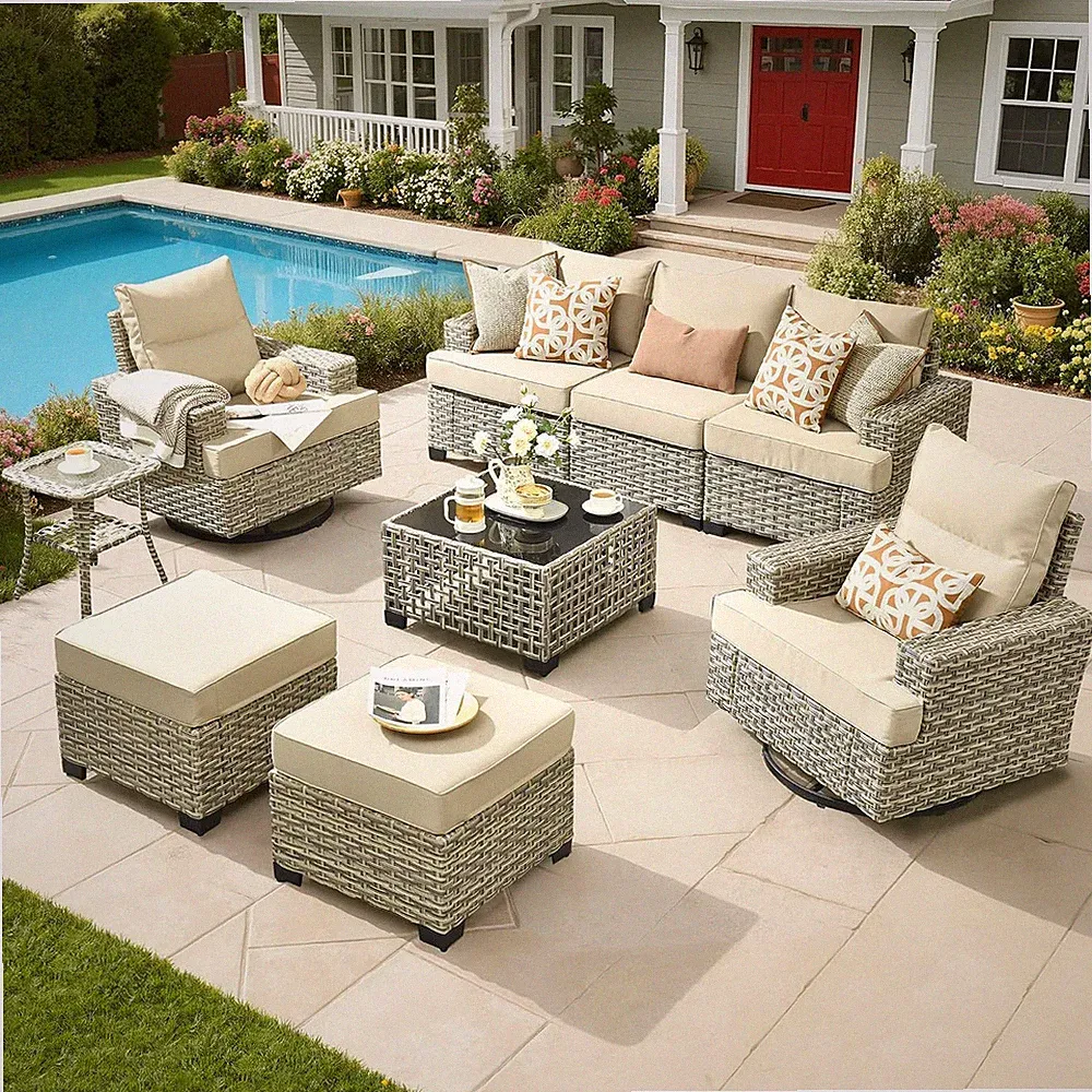 Rattan Patio Furniture Set with Swivel Chairs,9 Pieces Outdoor Sectional with Ot
