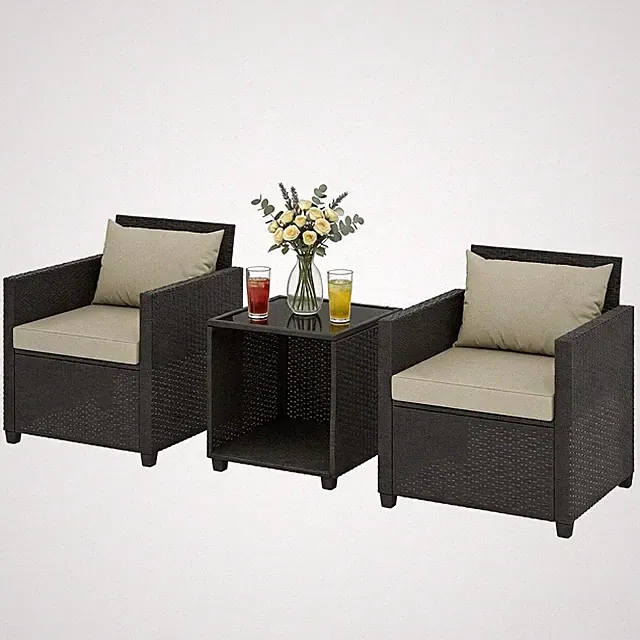 Rattan Sofa Set 1 Table and 2 Chairs with 3.1" Thick Seat Cushions