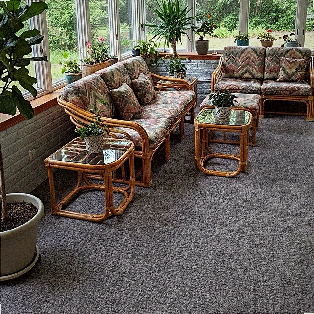 Rattan Vintage 5-Seat Sofa Set w/ Cushions, Tables & Ottoman Brown Geometric