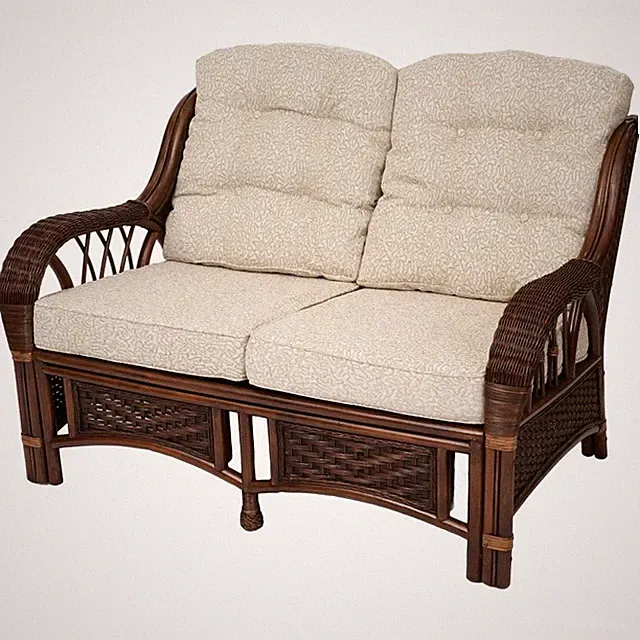 Alexa Living Sofa Natural Rattan Wicker Handmade with Cushions, Dark Walnut