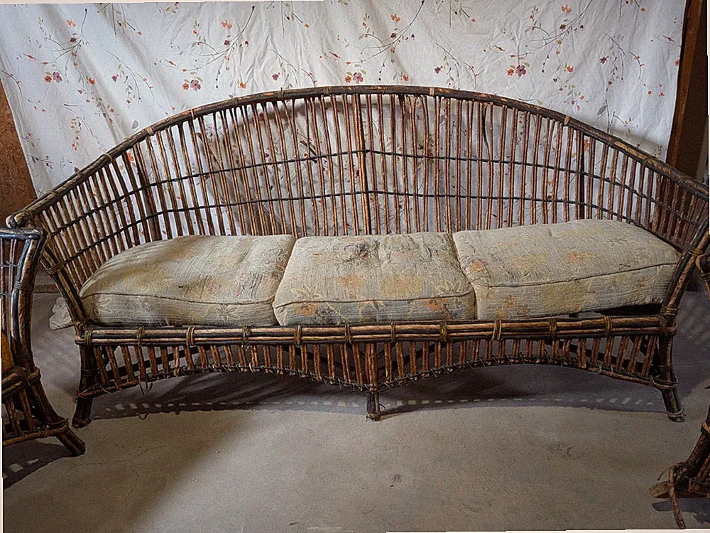 Rattan/Wicker Sofa Set w/ 2 Armchairs Floral Cushions. Very Solid.