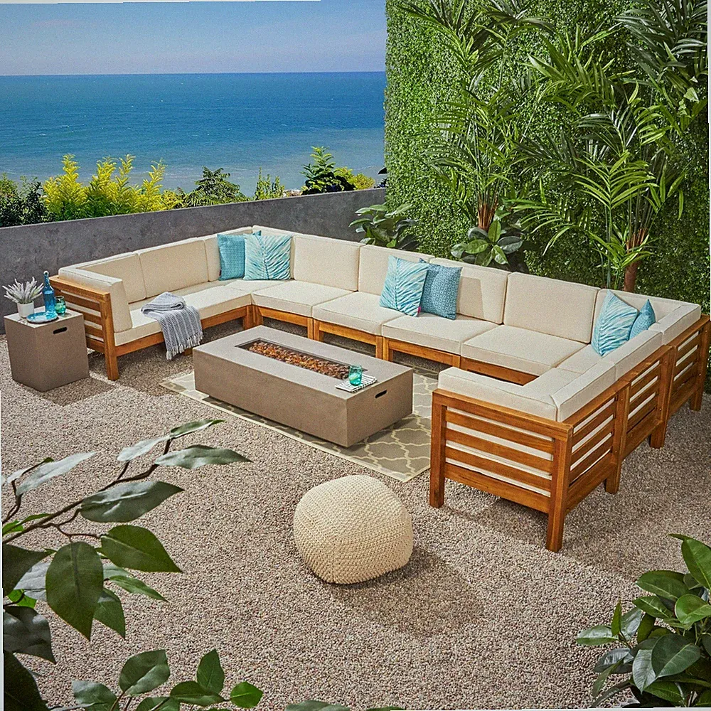 Ravello Outdoor 12 Piece U-Shaped Sectional Sofa Set with Fire Pit