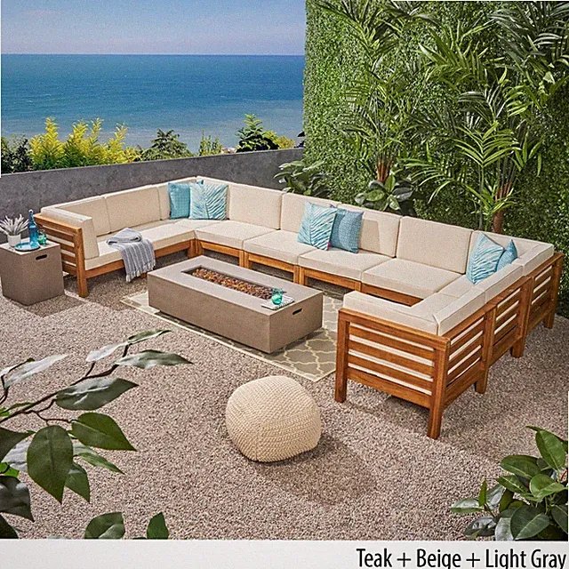 Ravello Outdoor 12 Piece U-Shaped Sectional Sofa Set with Fire Pit