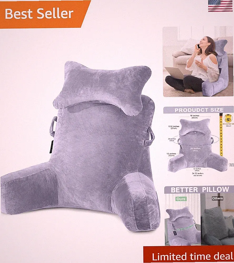 Reading Pillow-Bed Rest Pillow with Detachable Neck Roll & Support Arm for Si...