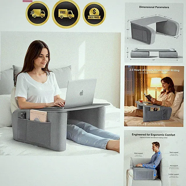 Reading Pillow for Gaming with Ergonomic Arm Rests, Wooden Lap Desk for Lapto...