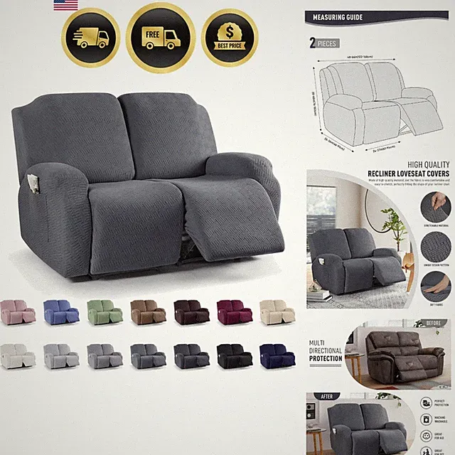 Recliner Cover Loveseat Recliner Couch Slipcover 2 Seater Dark Gray Style