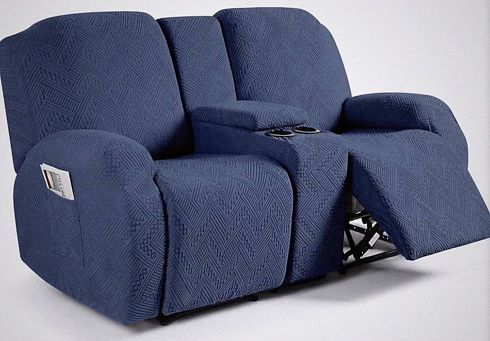 Recliner Loveseat Cover 2-Seat Reclining Couch w/Center Console Slipcover, Blue