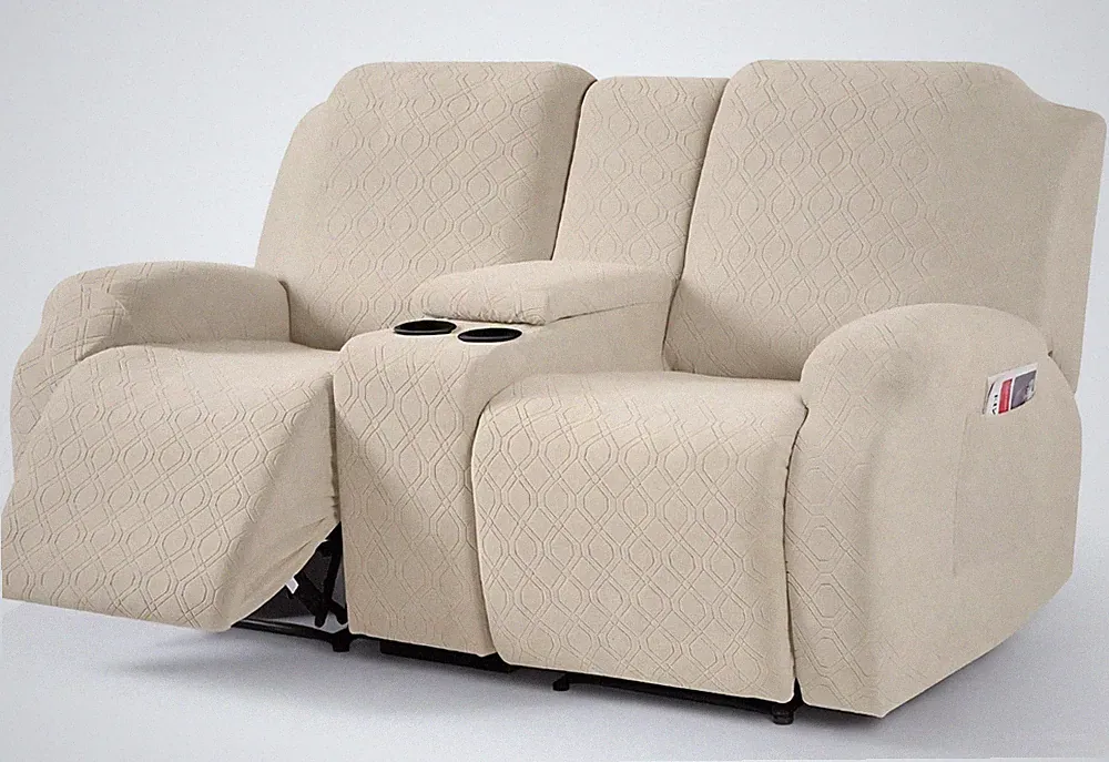 Recliner Loveseat Cover 2-Seat Reclining Couch w/Center Console Slipcover, Cream