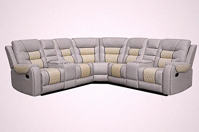 Reclining Faux Leather Sectional Sofa w/ Storage & Cup Holders Beige