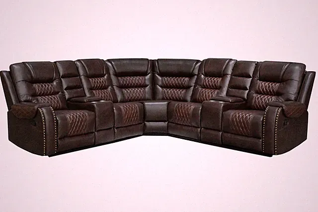 Reclining Faux Leather Sectional Sofa w/ Storage & Cup Holders Brown