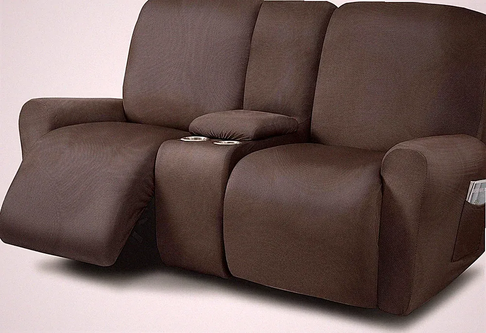 Reclining Love Seat with Middle Console Slipcover, 8-Piece Yarn Dyed Loveseat